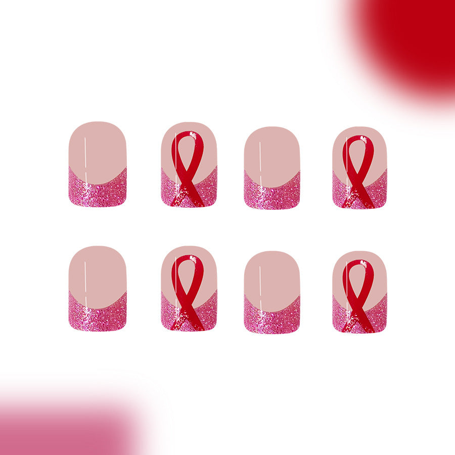 Awareness Pink Medium Square Glitter Press On Nail Set with Red Ribbons