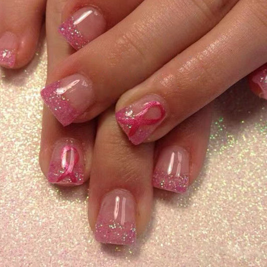 Charming Pink Support Square Press On Nail Set Medium Length Shimmering Glitter with Pink Ribbon Design