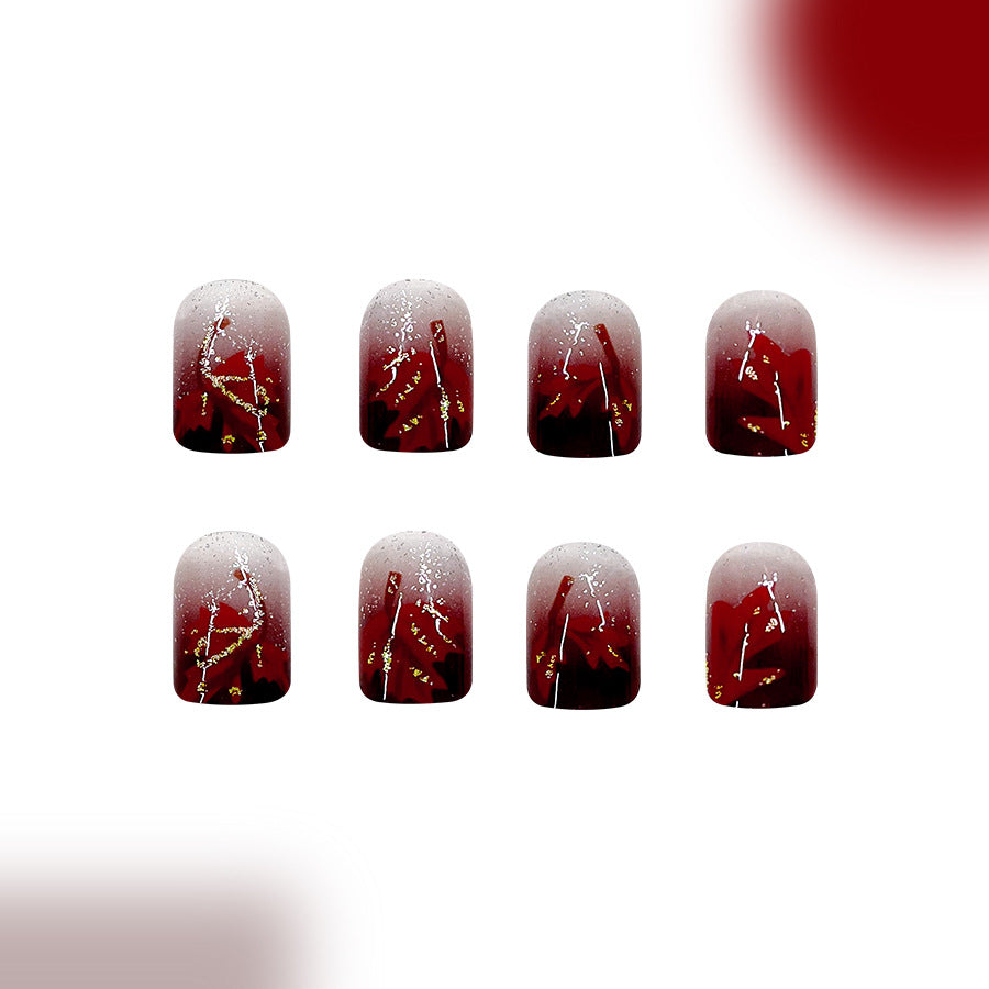 Elegant Romance Long Square Burgundy Ombre Press On Nail Set with Sparkling Gold Accents