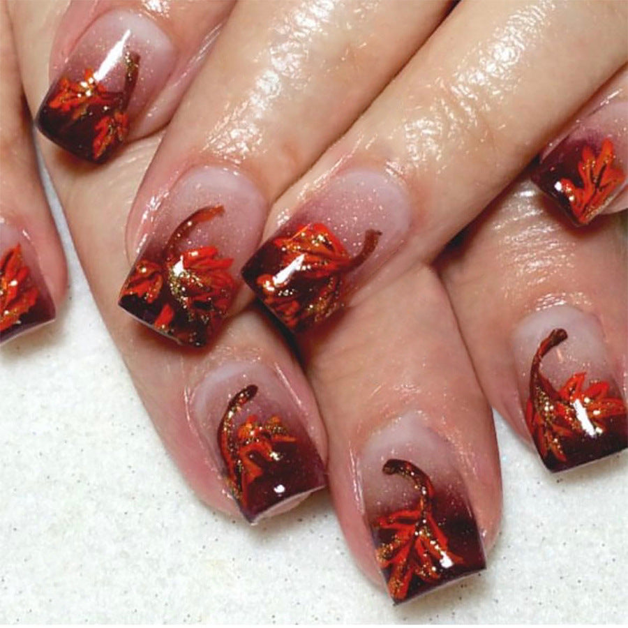 Autumn Bliss Square Press On Nail Set Long Deep Brown with Red Leaf Design and Glitter Accents