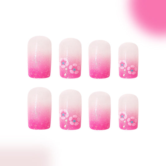 Cherry Blossom Dream Long Square Ombre Pink Press On Nail Set with Floral Accents and Sparkle