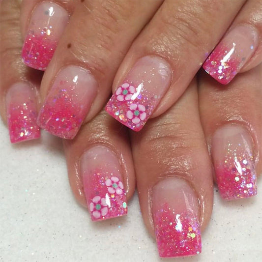 Floral Fantasy Long Square Pink Ombre Press On Nail Set with Glitter and Flower Accents