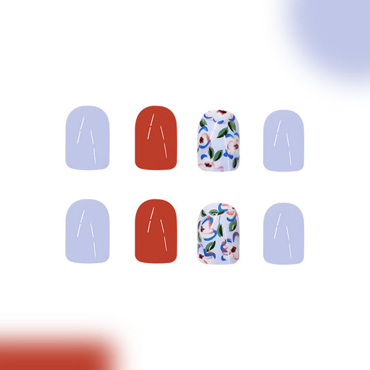 Floral Fantasy Short Oval Blue Red and Floral Design Press On Nail Set