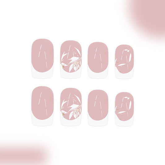 Botanical Bliss Press On Nails Medium Square Blush Pink with Elegant Floral Design