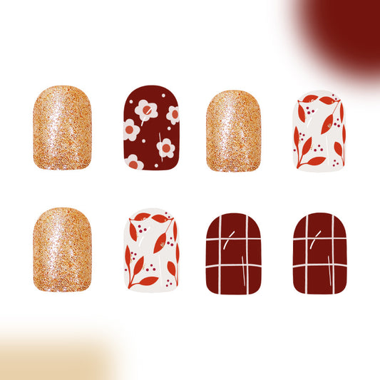 Autumn Bliss Extra Medium Round Glitter and Floral Press On Nail Set in Red and Gold