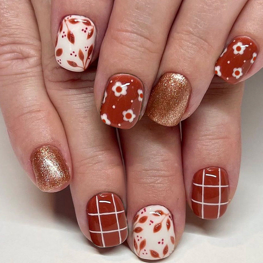 Autumn Whimsy Medium Round Rust Orange Floral and Glitter Press On Nail Set