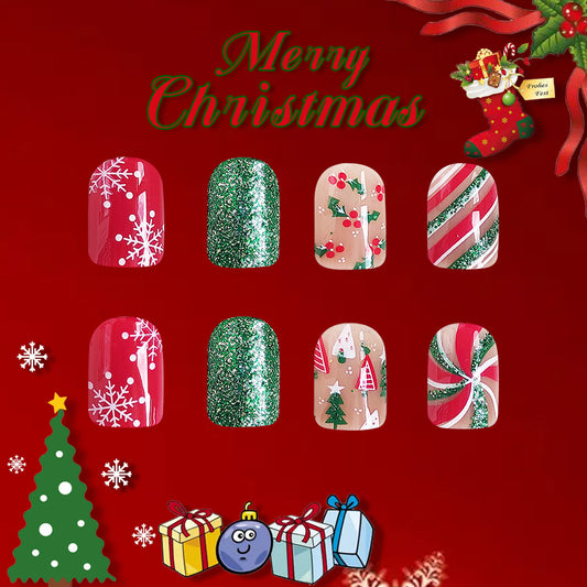 Merry Christmas Festive Short Square Red Green Glitter Holiday Press On Nail Set