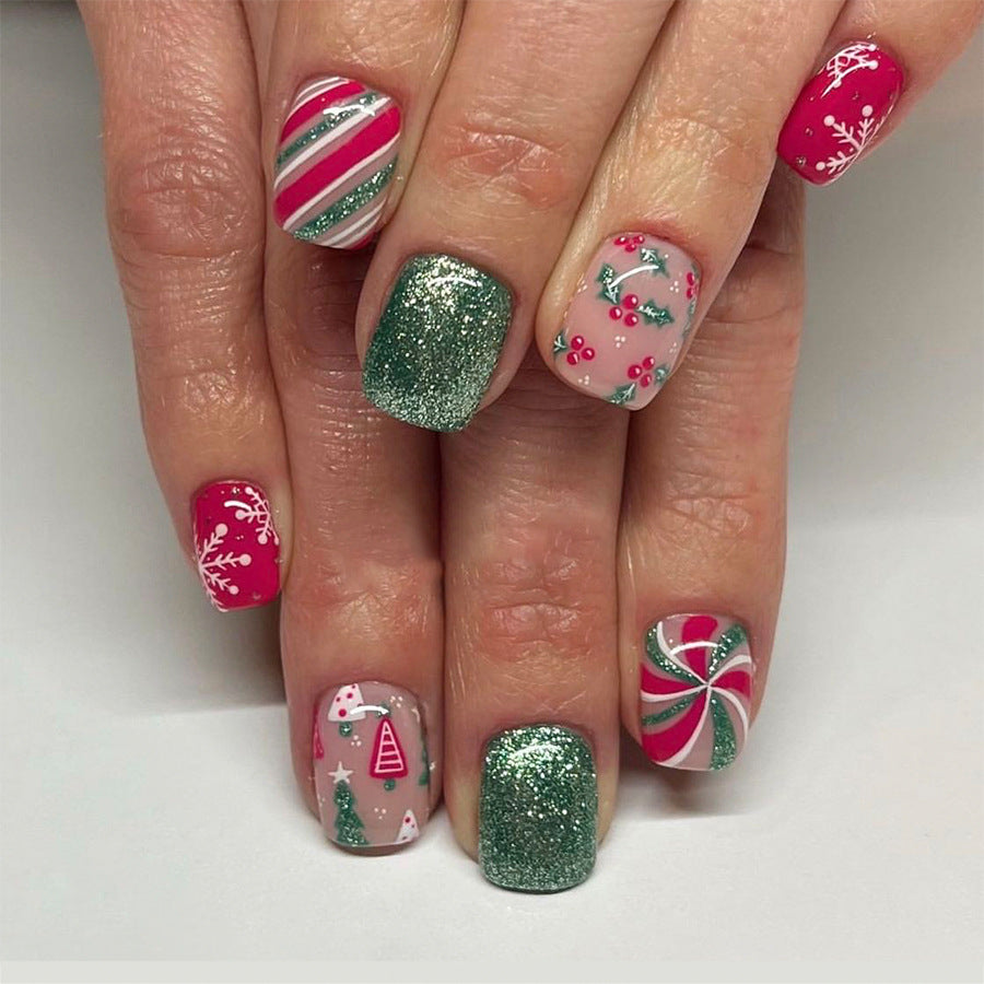 Festive Winter Wonderland Square Short Pink Green Glitter Floral Press On Nail Set