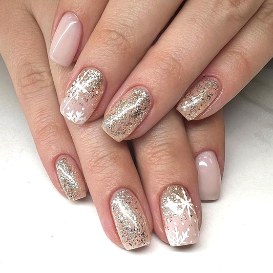 Winter Wonderland Medium Square Pink and Gold Glitter Press On Nail Set with Snowflake Design