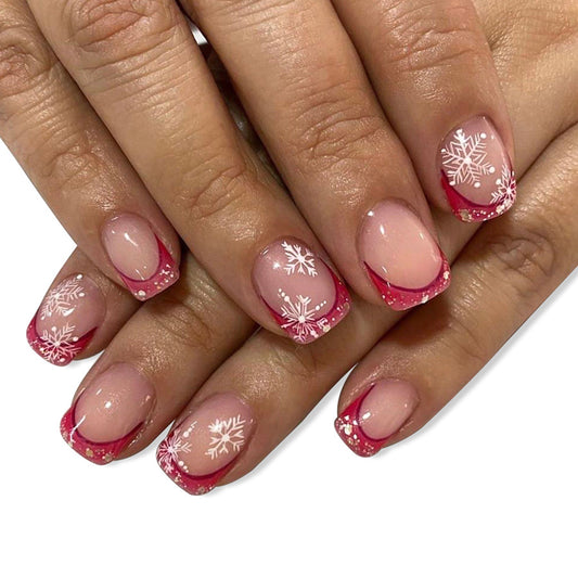 Winter Wonderland Short Square Pink Snowflake Press On Nail Set with Glitter Accents