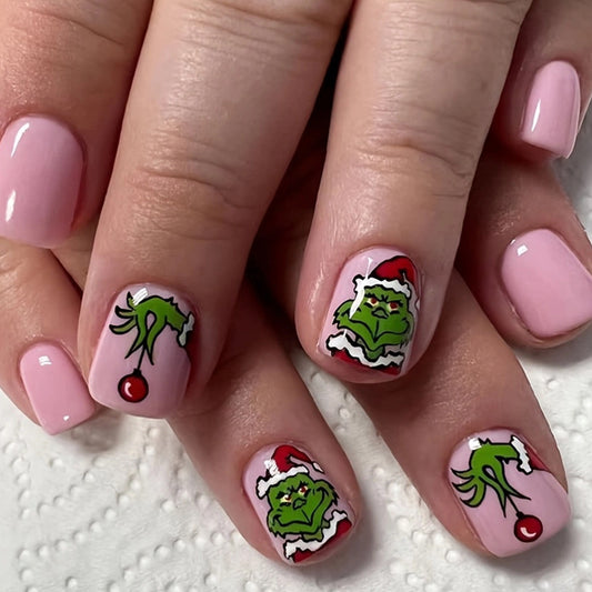 Grinchmas Festive Short Square Pink Press On Nail Set with Whimsical Grinch Designs