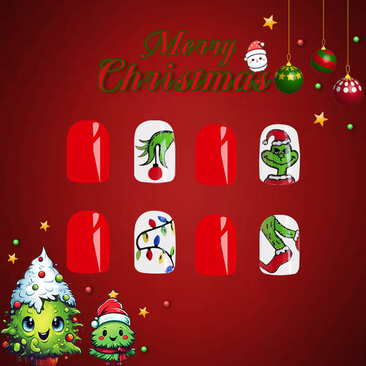 Whimsical Christmas Red Square Press On Medium Nail Set Featuring Grinch and Holiday Lights Designs