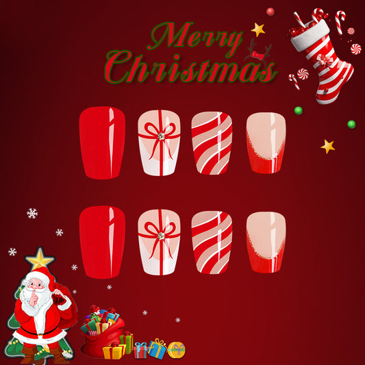 Festive Christmas Press On Nail Set Short Coffin Red and White Gingerbread Design