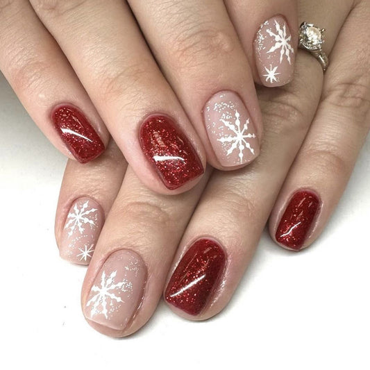 Winter Wonderland Press On Nail Set Short Square Red Glitter Snowflake Design