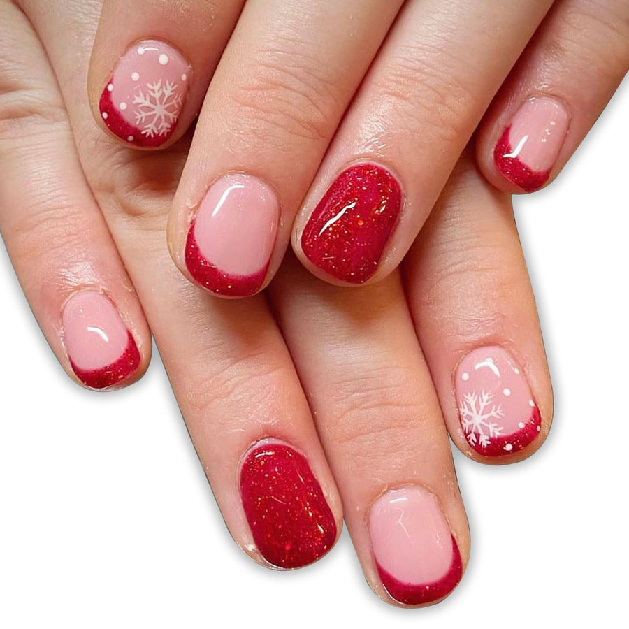 Winter Wonderland Short Square Red and Pink Press On Nail Set with Glitter and Snowflake Design