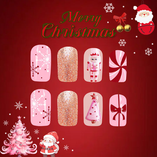 Merry Christmas Theme Pink Oval Press On Medium Nails with Glitter and Christmas Designs