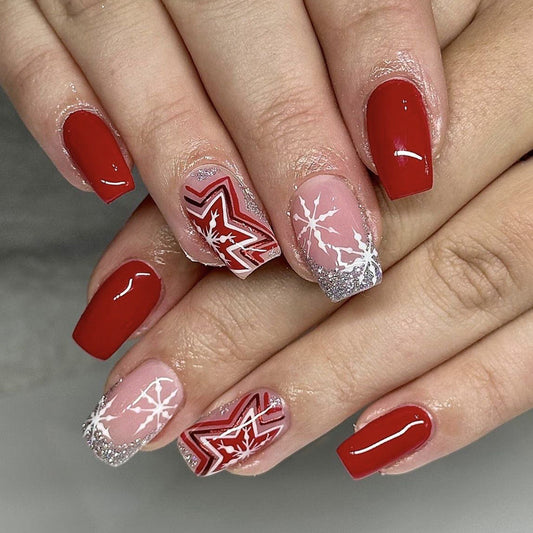 Festive Winter Wonderland Long Square Red and Pink Press On Nail Set with Glitter and Snowflake Design