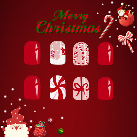 Christmas Wonderland Red Oval Festive Press On Medium Nail Set with Candy Cane and Bow Designs