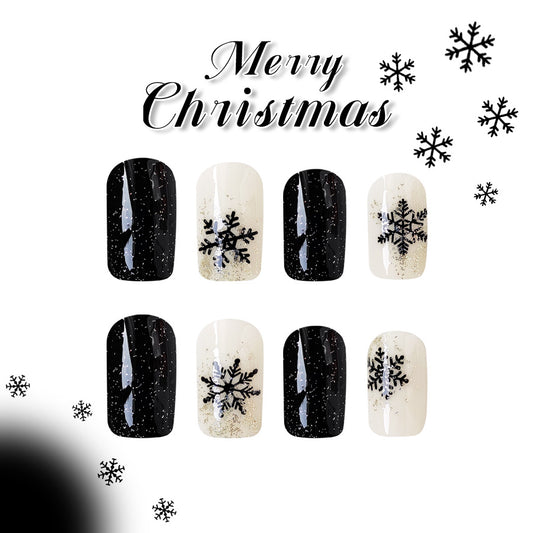 Charming Winter Wonderland Medium Square Black and White Press On Nail Set with Snowflake Design and Glitter Accents