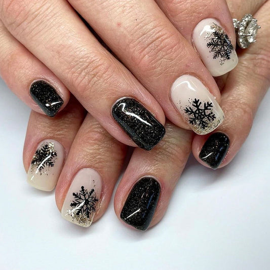 Winter Wonderland Press On Nail Set Medium Square Black and Cream with Glitter Snowflake Design