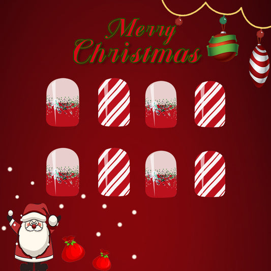 Christmas Cheer Short Round Red and White Candy Cane Press On Nail Set with Glittery Accents