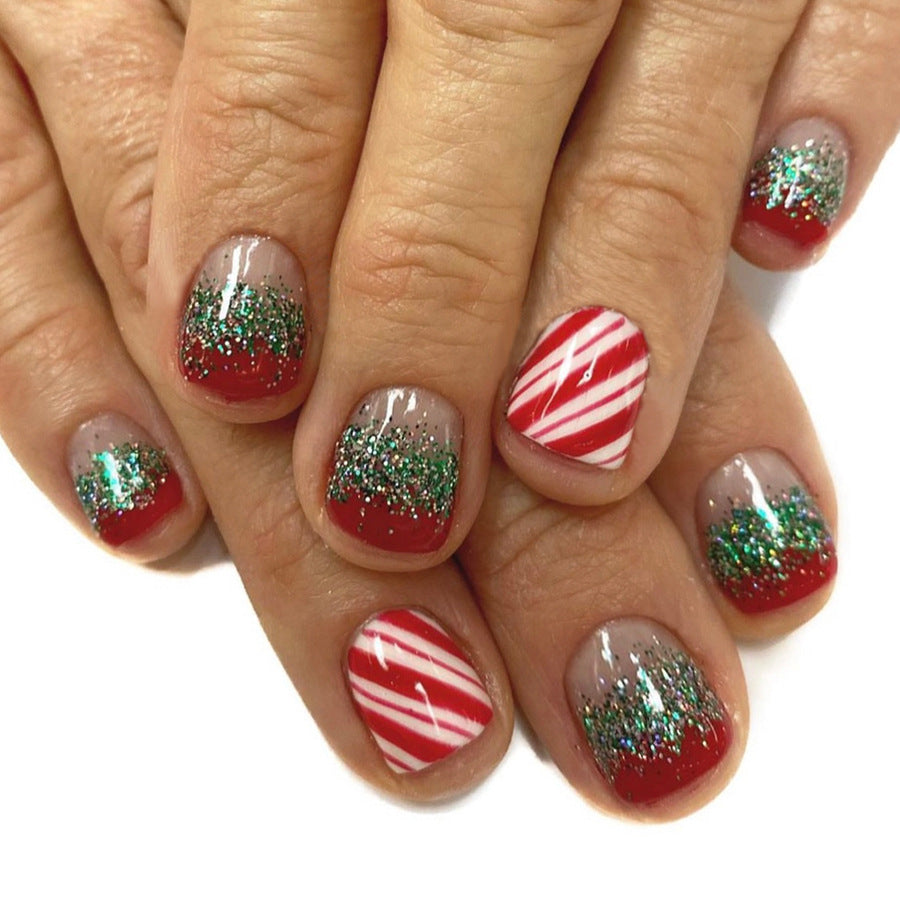 Festive Temptation Short Round Red and Green Glitter Press On Nail Set with Candy Cane Stripes