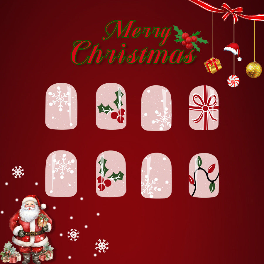 Festive Winter Wonderland Short Oval Pink Christmas Character Press On Nail Set with Snowflakes and Holly Designs