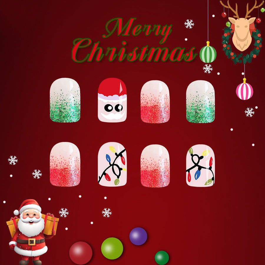 Festive Holiday Magic Medium Square Red and Green Glitter Press On Nail Set with Fun Santa and Christmas Lights Design