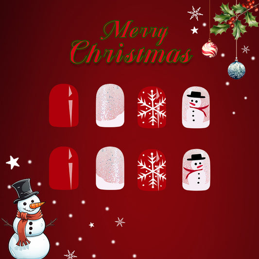 Christmas Wonderland Red Short Square Press On Nails with Snowman and Snowflake Designs