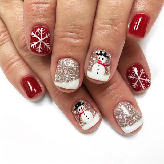 Winter Wonderland Short Square Red and White Snowman Glitter Press On Nail Set