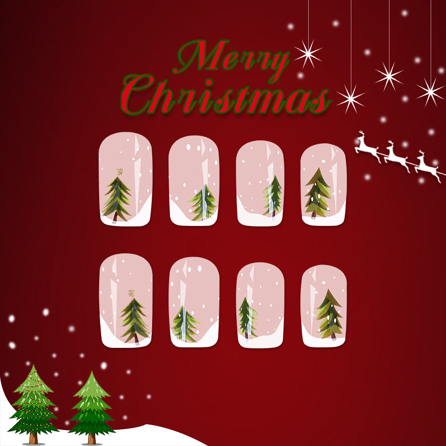 Christmas Wonderland Press On Nail Set Medium Oval Clear Green Tree Design