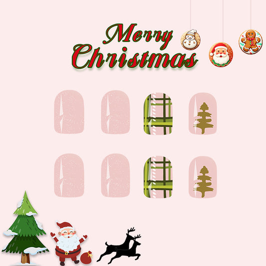 Christmas Cheer Short Square Pink and Green Tree Design Press On Nail Set