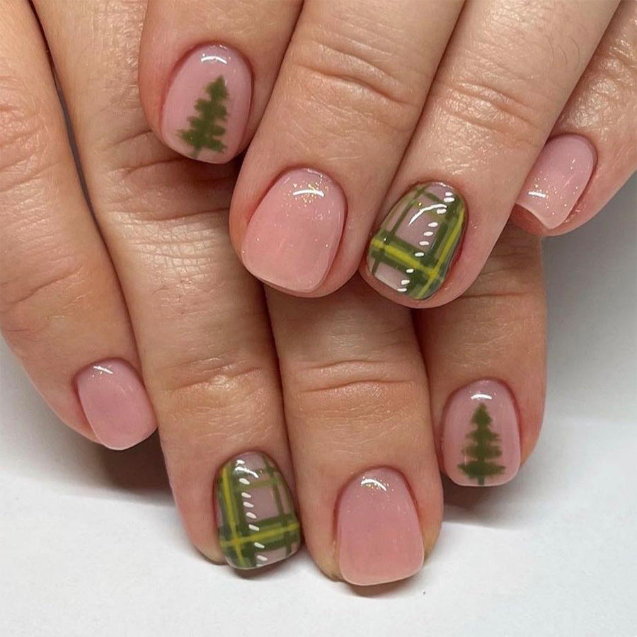 Nature Inspired Short Square Light Pink Press On Nail Set with Green Tree and Plaid Design