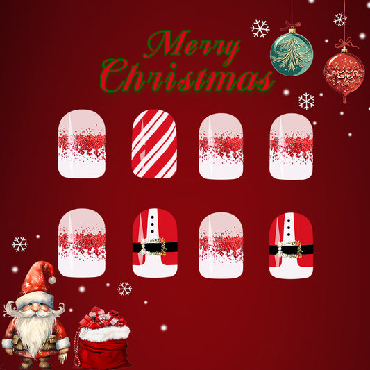 Christmas Spirit Short Square Red and White Press On Nail Set with Glitter and Festive Design