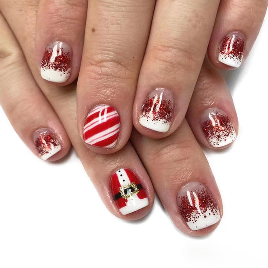 Festive Holiday Cheer Short Square Red and White Glitter Press On Nail Set with Santa Design