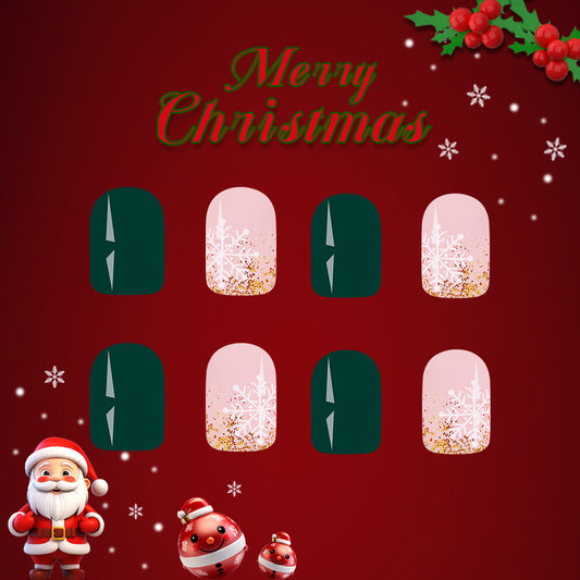 Festive Winter Wonderland Short Square Press On Nail Set Green and Pink with Glitter Snowflake Design