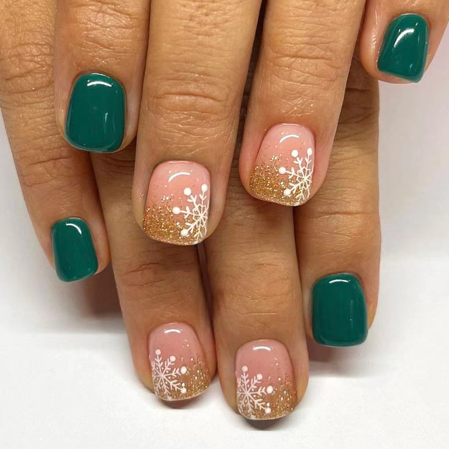 Winter Wonderland Short Square Press On Nail Set in Teal and Beige with Glitter Snowflake Design