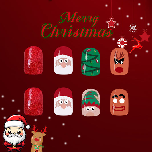 Festive Holiday Cheer Short Square Red and Green Press On Nail Set with Whimsical Christmas Designs