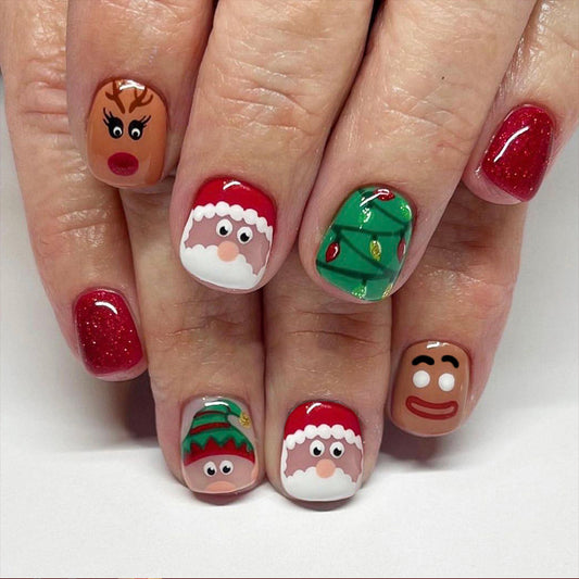 Festive Holiday Fun Square Red and Green Press On Short Nail Set with Whimsical Christmas Characters