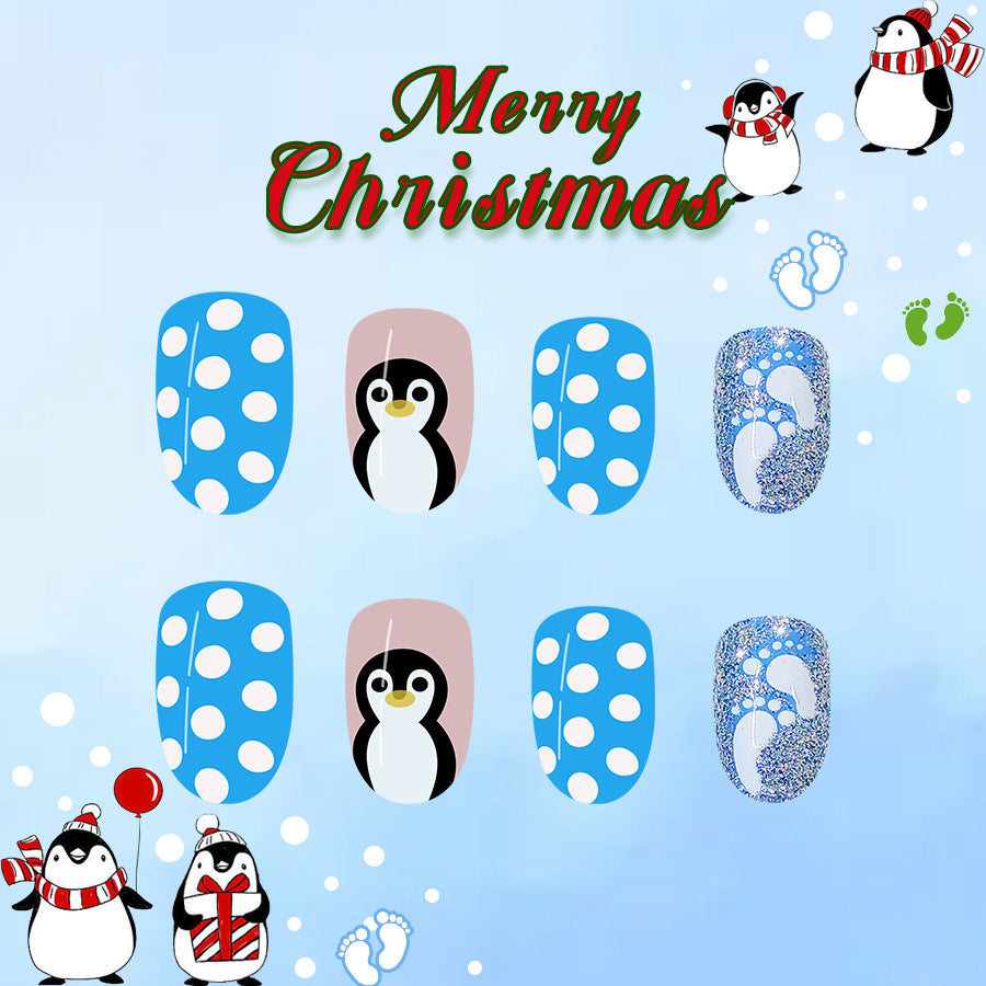 Winter Wonderland Press On Nail Set Medium Almond Blue with Penguin Design and Glitter Accent