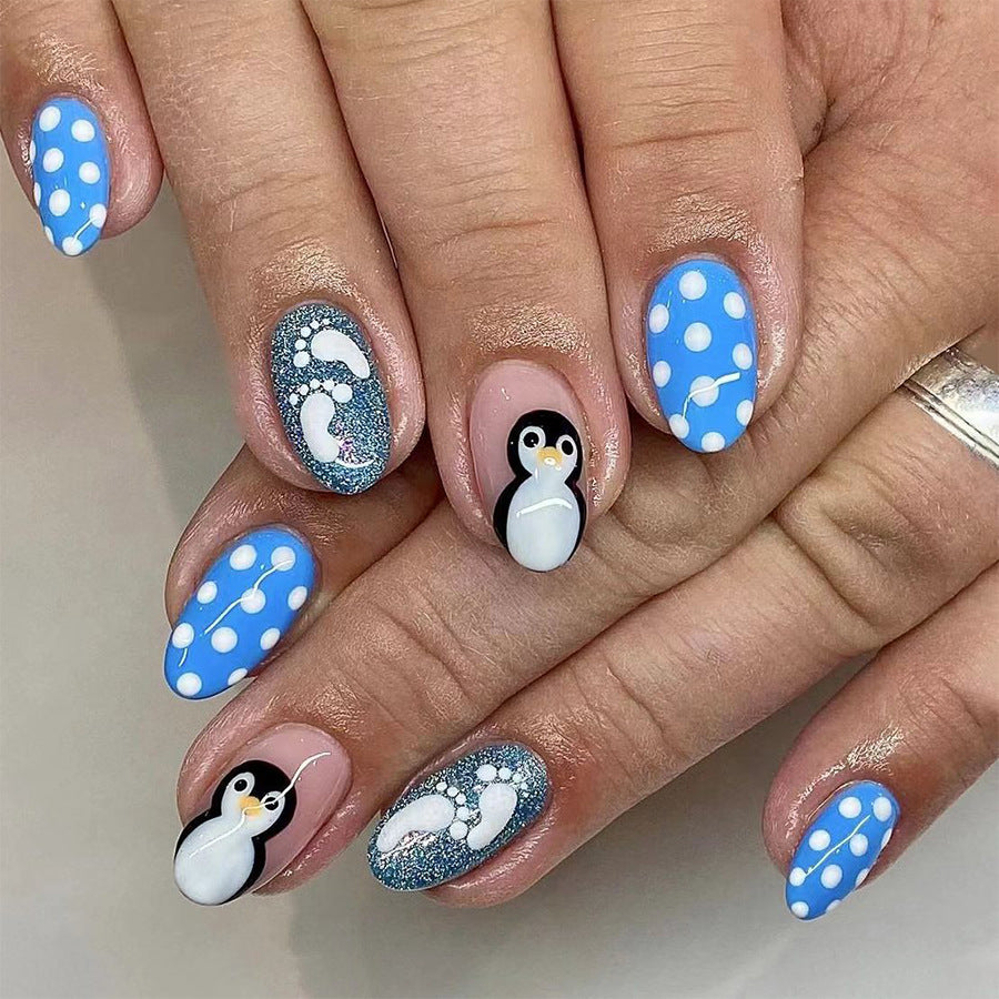 Penguin Adventure Medium Almond Blue Cute Penguin Press On Nail Set with Polka Dots and Glitter