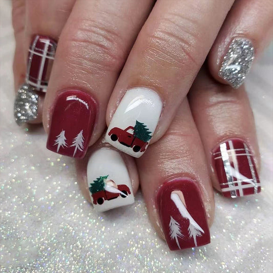 Festive Winter Wonderland Medium Square Burgundy and White Press On Nail Set with Truck and Tree Design