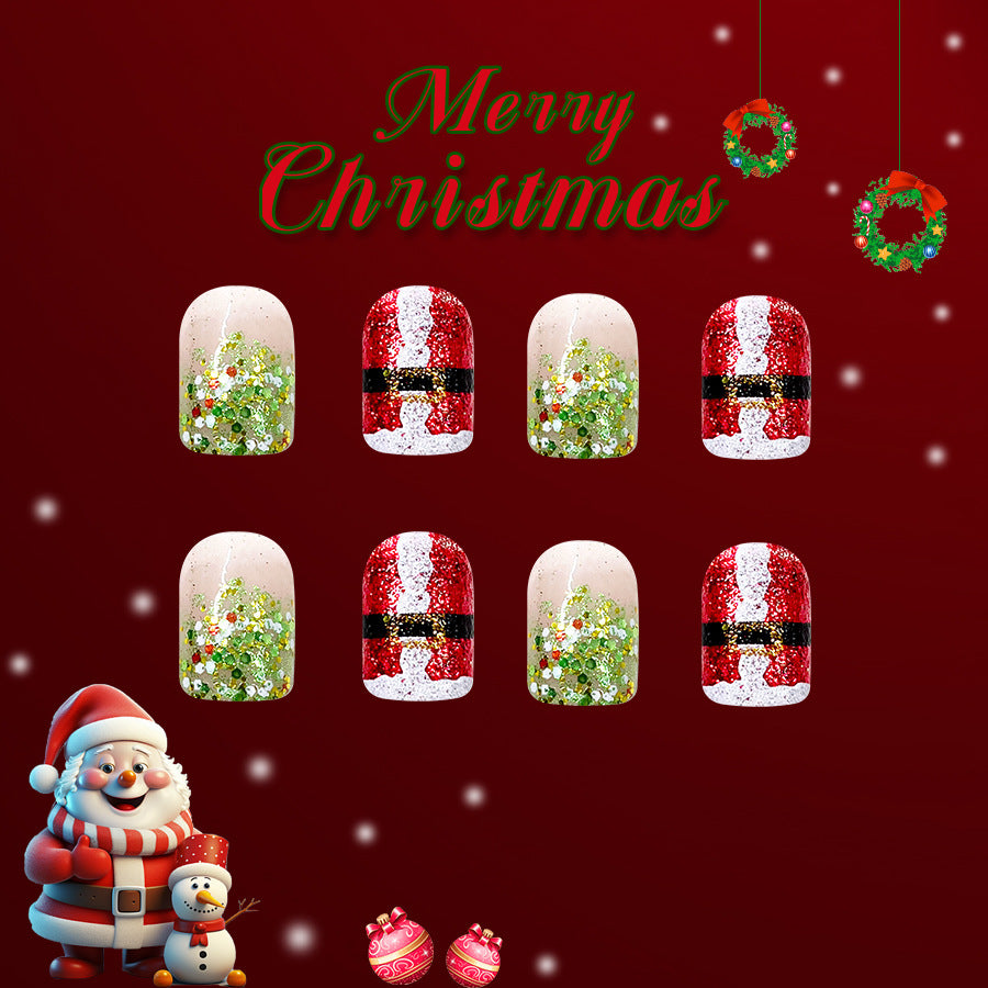 Christmas Cheer Long Square Red and Green Glitter Press On Nail Set with Santa Theme