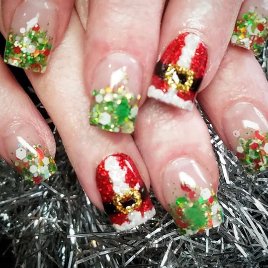 Festive Santa Claus Holiday Long Square Red and Green Glitter Press On Nail Set with Unique 3D Texture