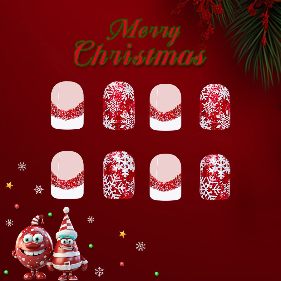 Merry Christmas Holiday Themed Long Square Red and White Glitter Snowflake Press on Nail Set