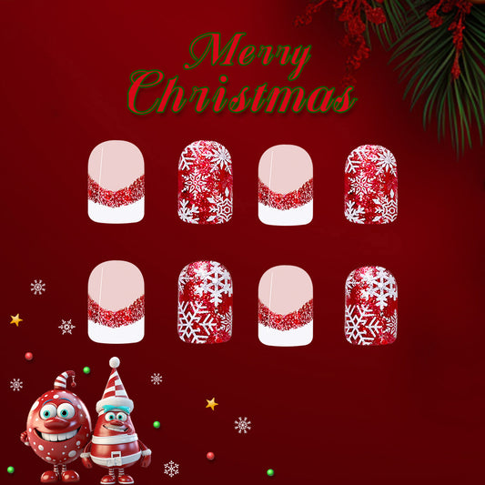 Merry Christmas Holiday Themed Long Square Red and White Glitter Snowflake Press on Nail Set