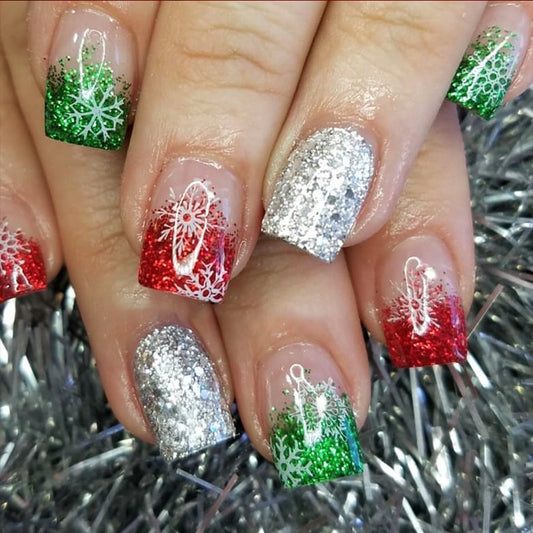 Festive Holiday Spirit Medium Square Red Green and Silver Glitter Press On Nail Set with Snowflake Design