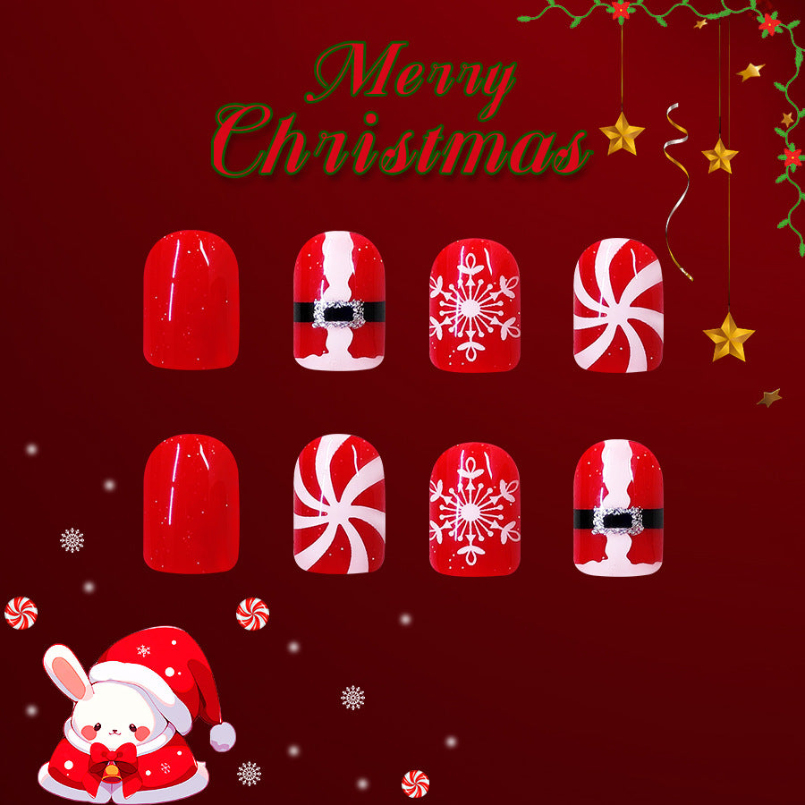 Holiday Spirit Red Medium Coffin Press On Nail Set Featuring Festive Santa and Snowflake Designs