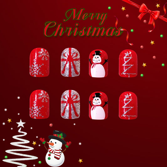 Festive Wonderland Red Square Press On Medium Nail Set with Snowflakes and Holiday Characters