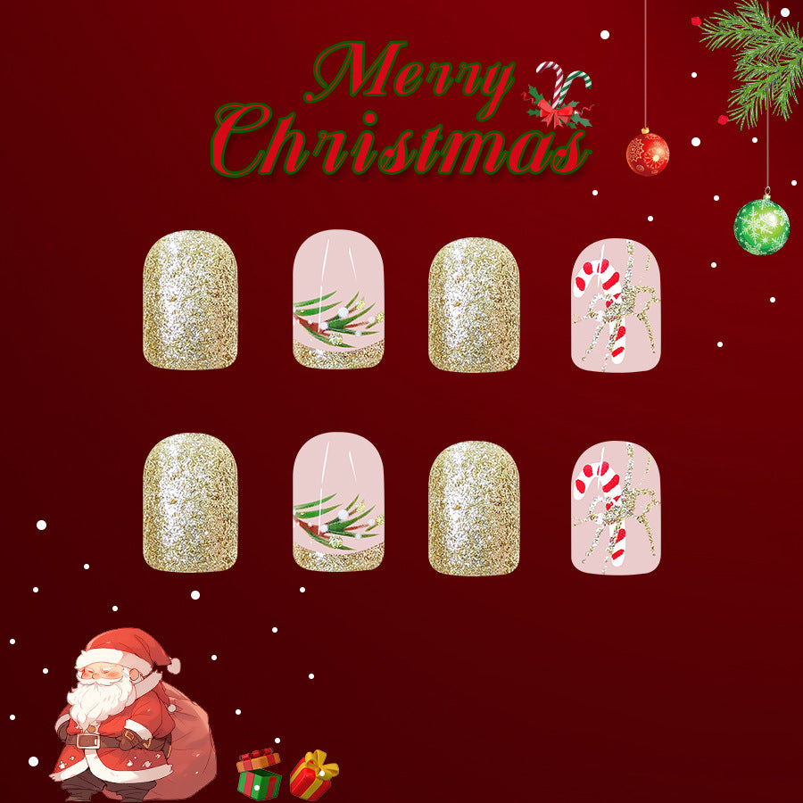 Festive Wonderland Short Square Gold and Beige Press On Nail Set with Christmas Candy Cane and Pine Tree Designs